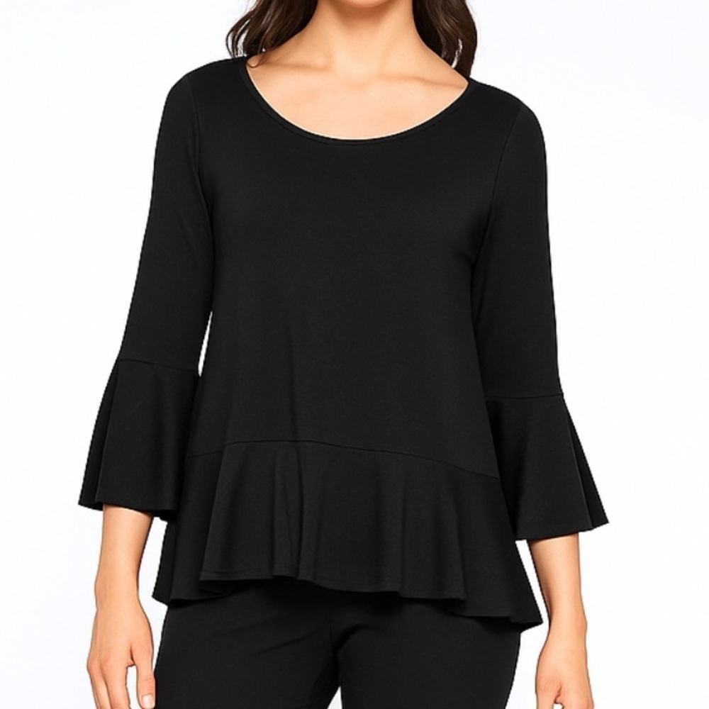 Sympli Go To bell sleeve top black 3/4 round neck Size 8